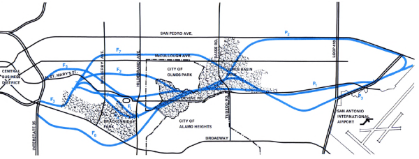 Map of alignments studied for North Expressway presented in 1960