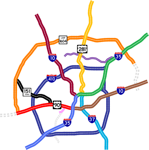 Map of the major highways and freeways in San Antonio, from texashighwayman.com